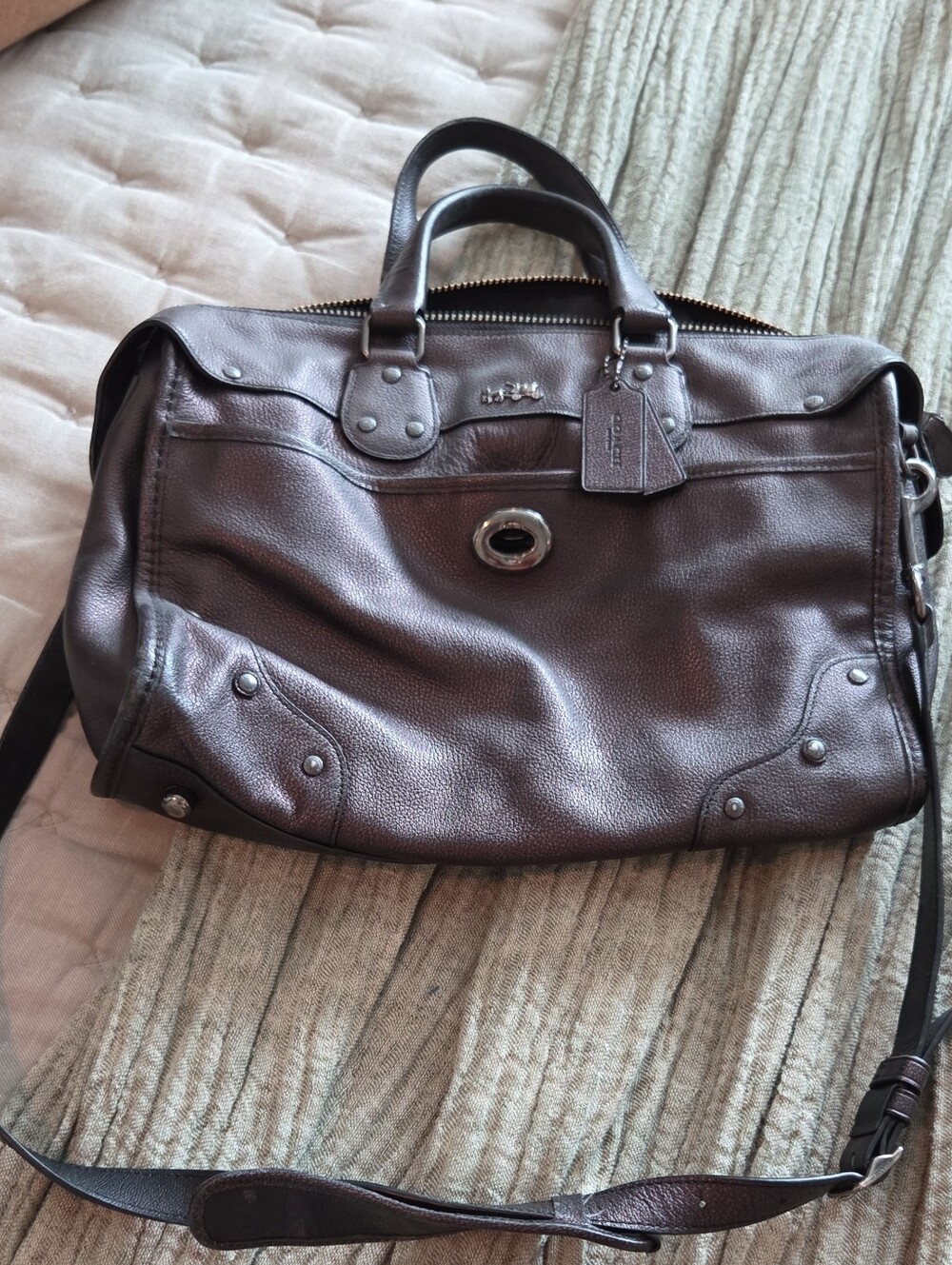 Coach Dark Purpke Leather Crossbody Satchel with Turnlock Accent